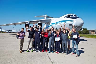 A group after the successful zero-G flight infront of one of the Ilyushin 76MDK - Star City - Russia / Eine Gruppe vor einer der Ilyushin 76MDK - Star City - Russland - 2015